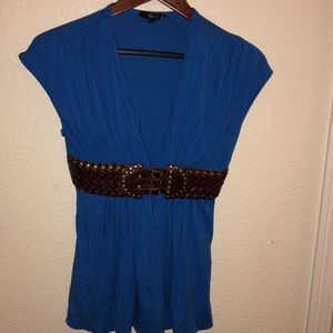 Blue top w/ leather studded belt